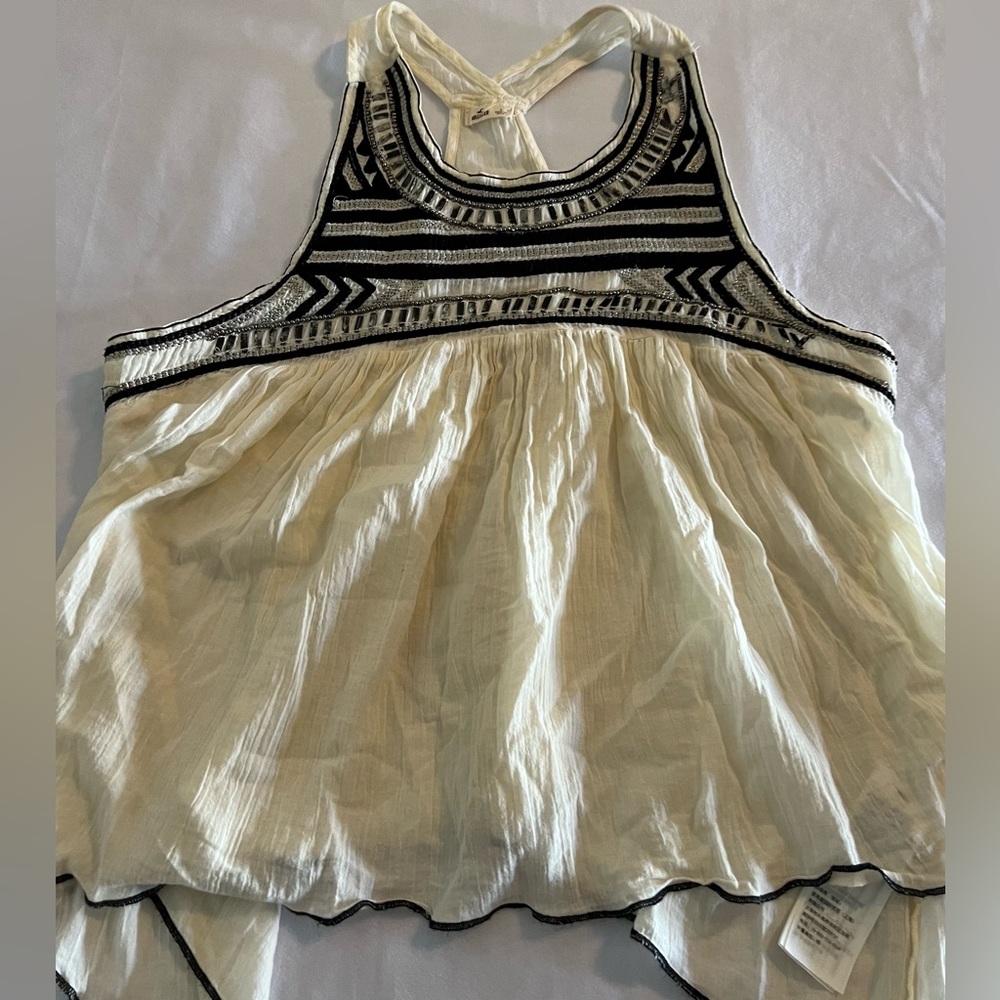 Large hollister tank top cami Racerback beaded beads black cream tribal boho cas